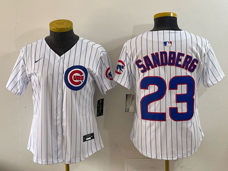 Women 2025 Chicago Cubs #23 Sandberg white stripe Nike MLB Jersey style 01